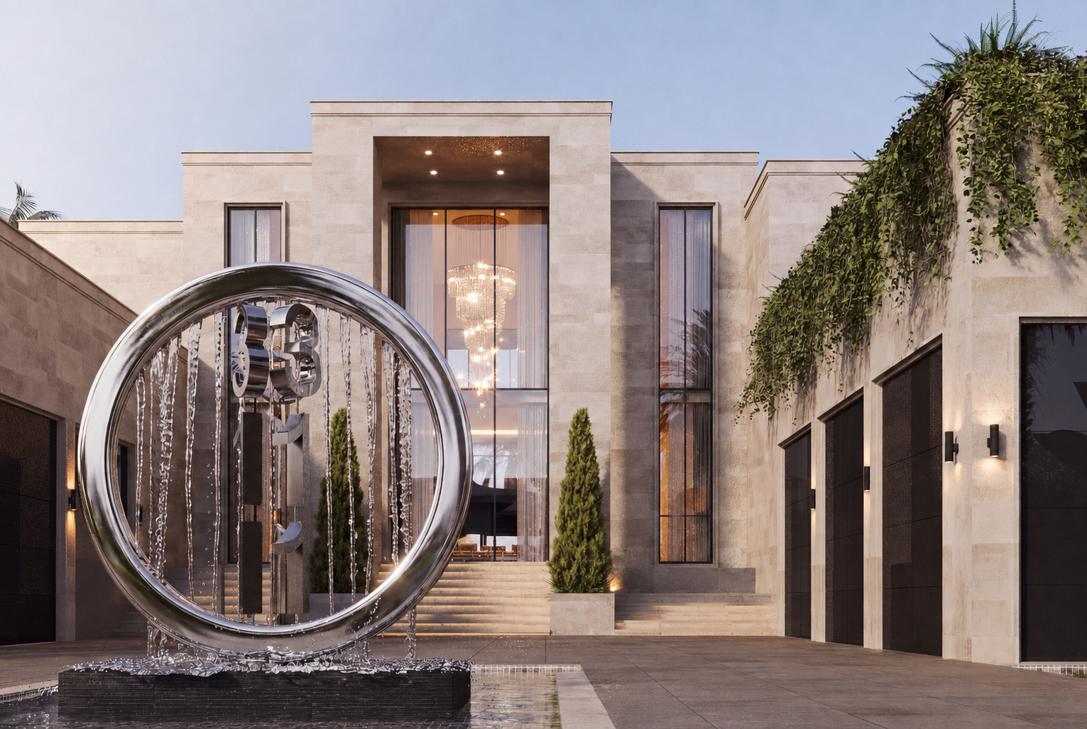 Arrival courtyard and sculptural fountain
