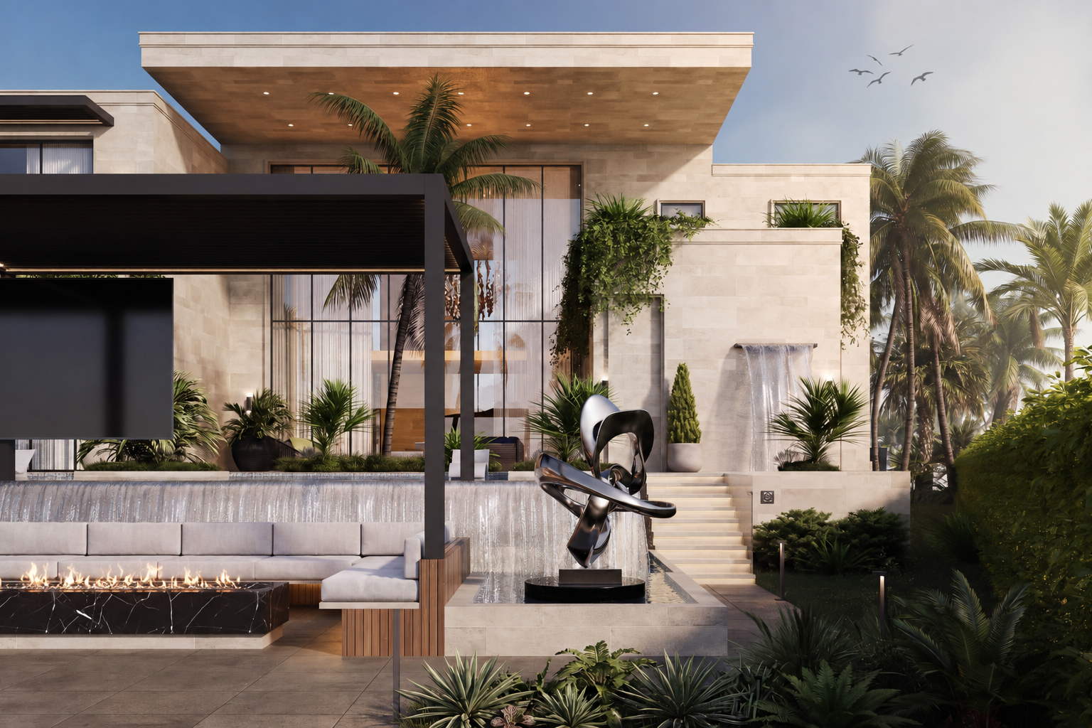 Outdoor lounge, fire feature, and cascading water
