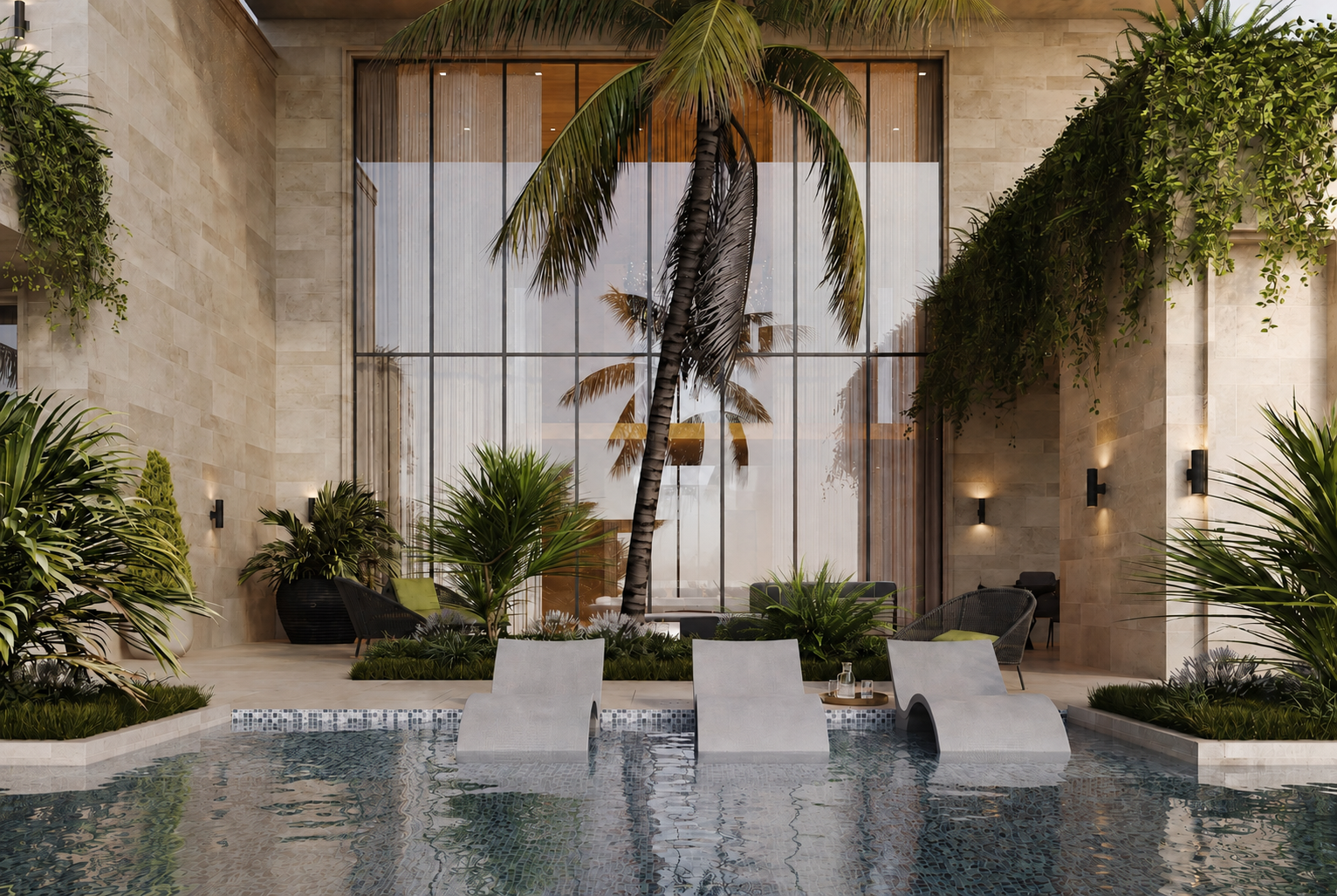 Pool terrace and sun loungers
