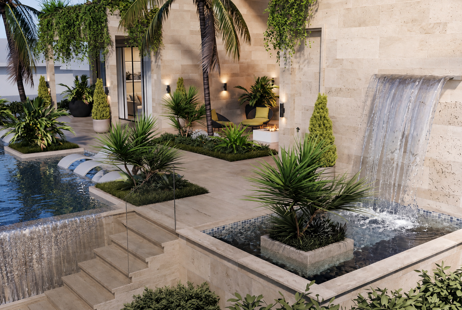 Garden steps and waterfall courtyard