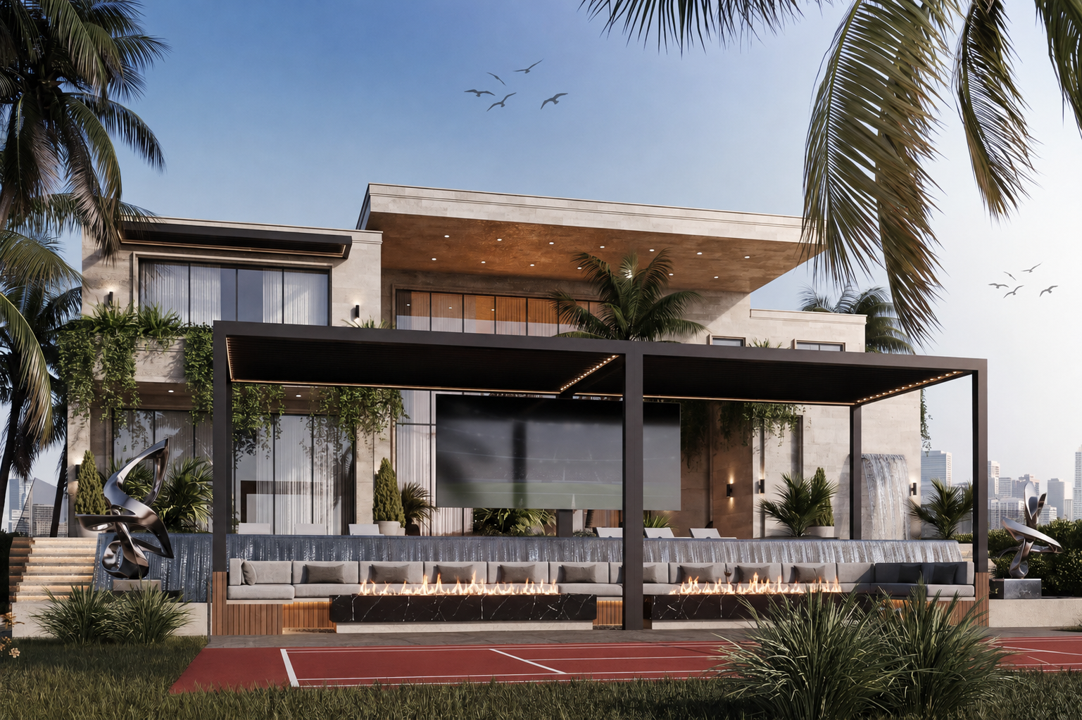 Rear elevation, covered lounge, and sports court