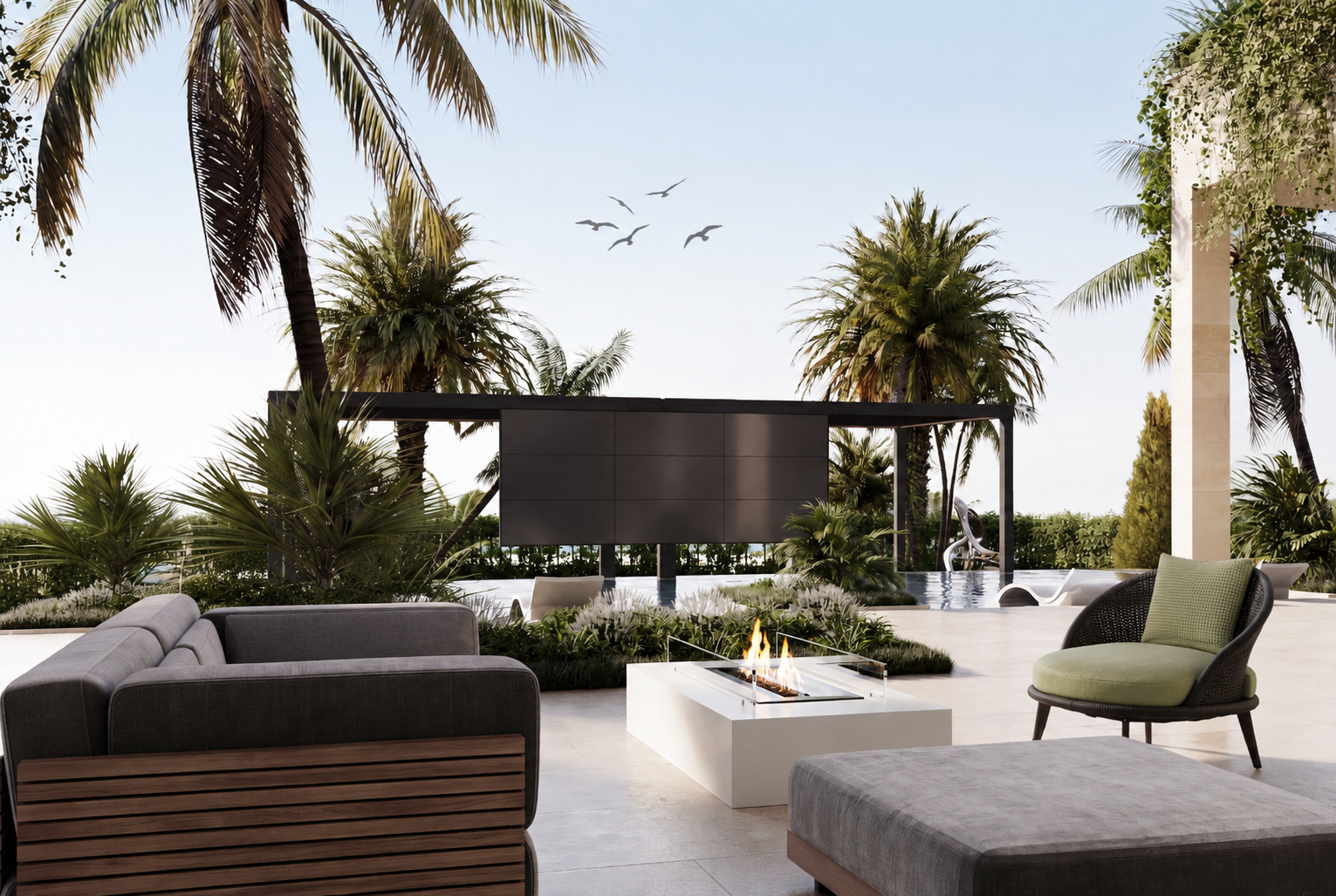 Poolside seating and fire table