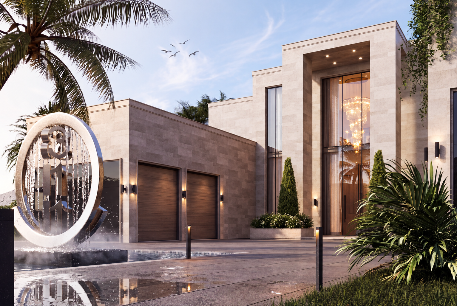 Capital Development mansion rendering with palms, warm interior lighting, and a circular water fountain
